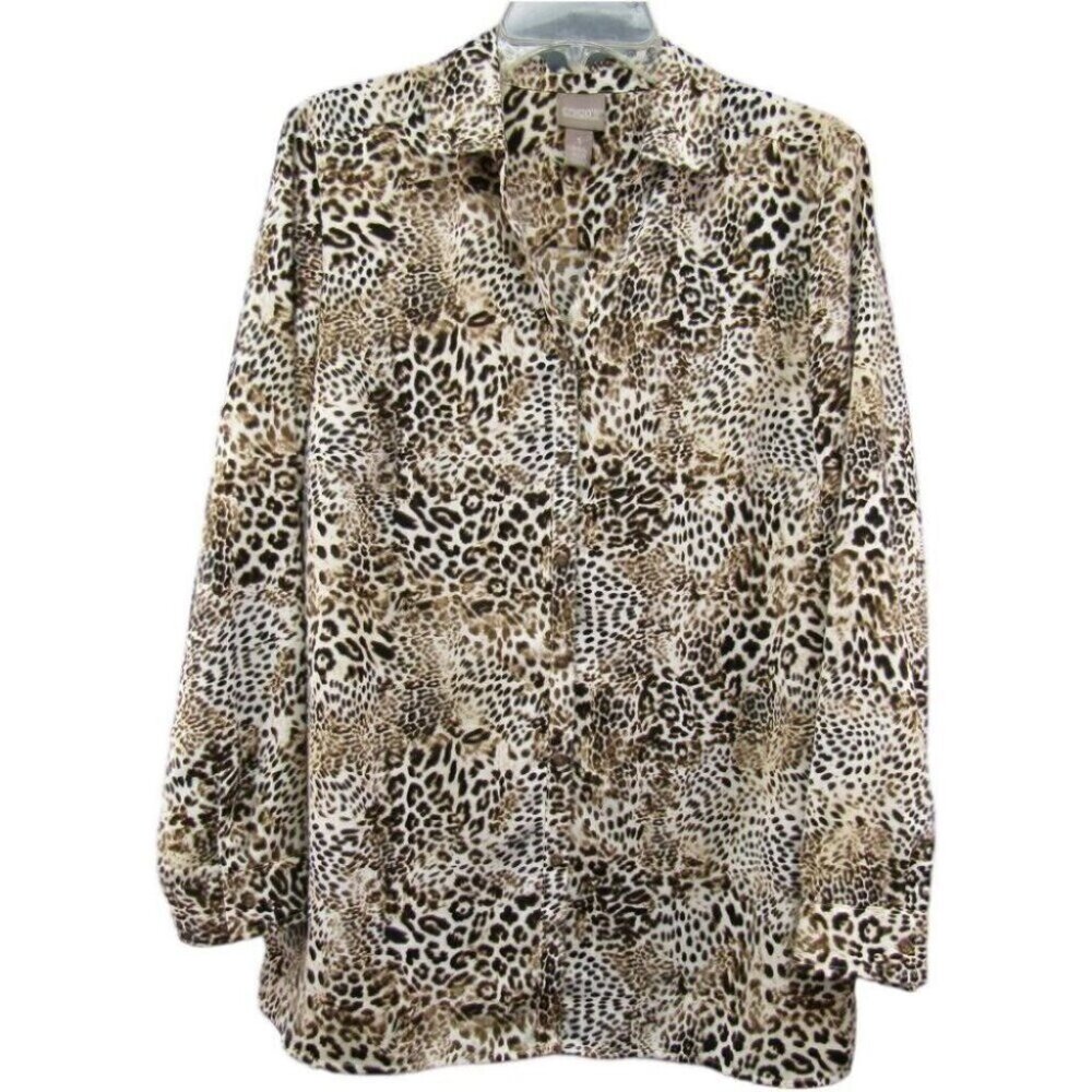 Chicos Ivory Brown Animal Print Button Up Top Sz M 1 Leopard Cheetah Long Sleeve